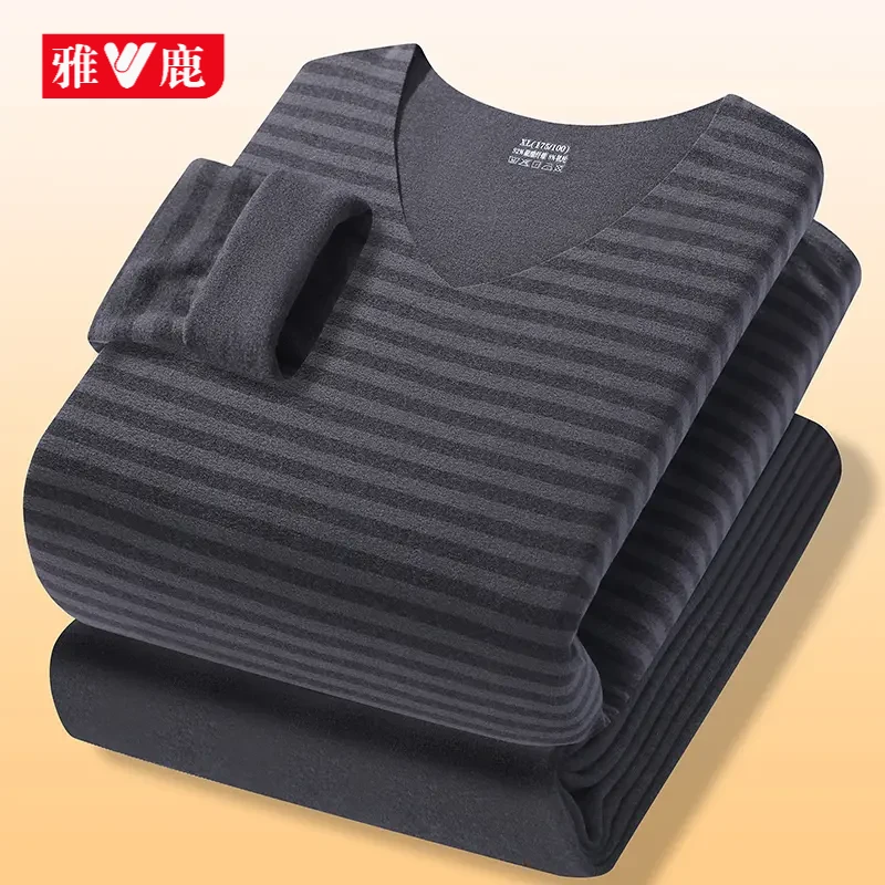 雅鹿保暖德绒内衣男士新款条纹秋衣秋裤v领打底衫秋冬季套装内穿