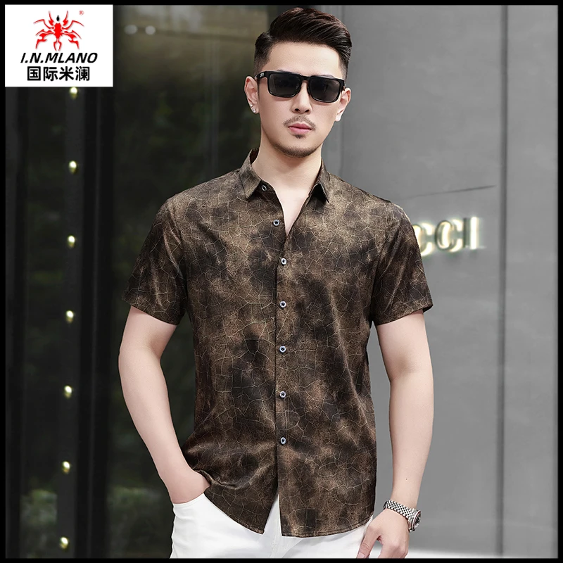 中国风上衣男香云纱真丝短袖衬衫男士薄款商务时尚潮流桑蚕丝衬衣