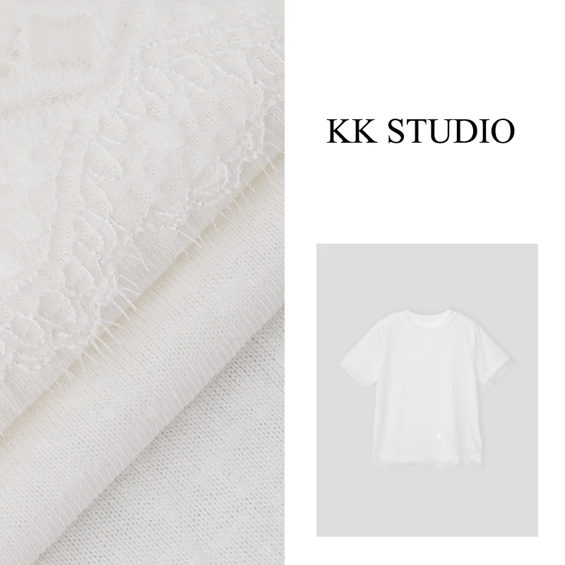 淇老KK  STUDIO简约宽松蕾丝花边拼接麻棉短袖净板休闲8859