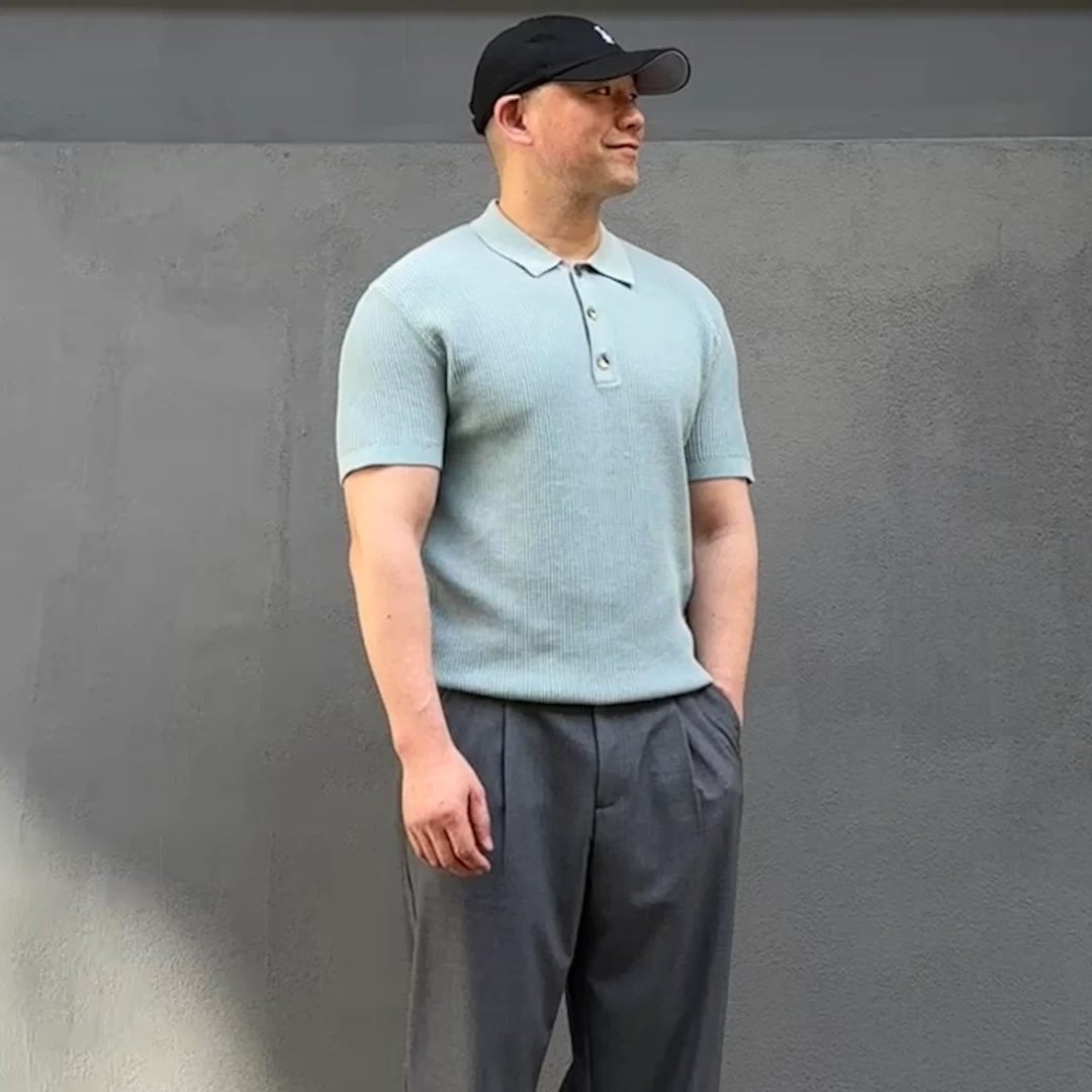 夏季立体提花波浪纹针织翻领POLO衫宽松弹力舒适百搭休闲短袖