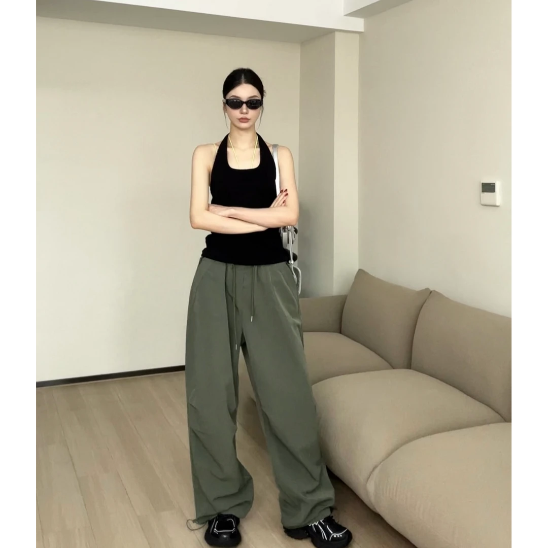 辣妹复古抽绳休闲裤女春装宽松百搭直筒工装裤美式低腰阔腿拖地裤