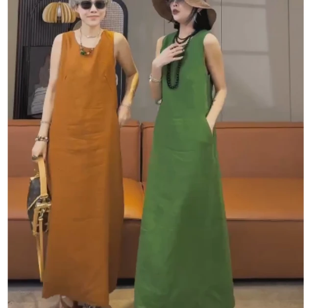 2025夏季新款网红同款洋气减龄韩版爆款中长款无袖连衣裙AOS