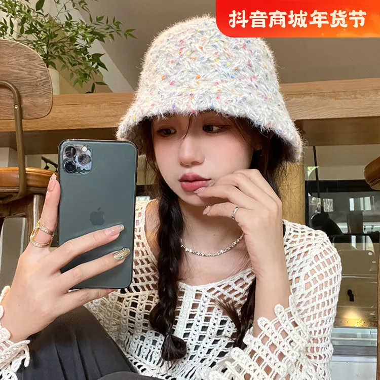 网红款彩色点点针织帽女秋冬保暖百搭显脸小手工毛线帽韩版盆帽