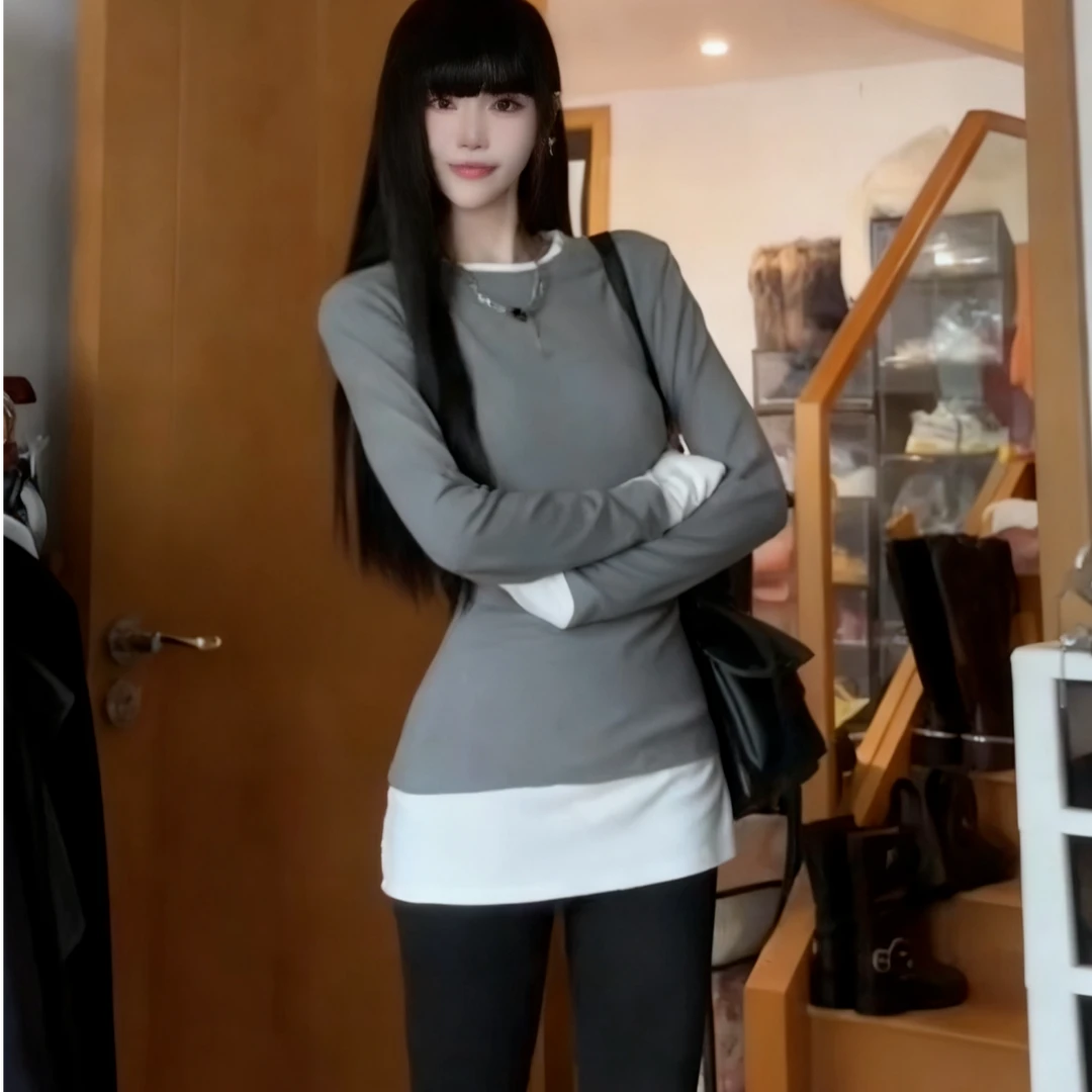 假两件磨毛内搭打底衫女秋冬新款高级感中长款搭配鲨鱼裤拼接上衣