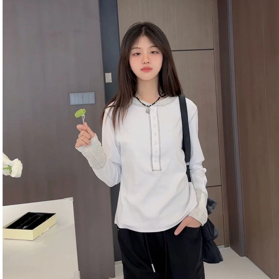 跳跳鱼童装  夏季洋气撞色半排扣弹性罗纹长袖修身打底衫279028