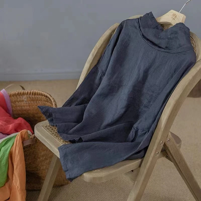 细苎麻堆堆领纯色时尚文艺休闲宽松透气轻薄长袖夏季均码女士衬衫