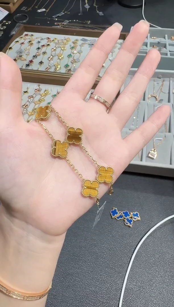18K金镶嵌手链木变石（虎睛石）金色k黄五花手链GHJ