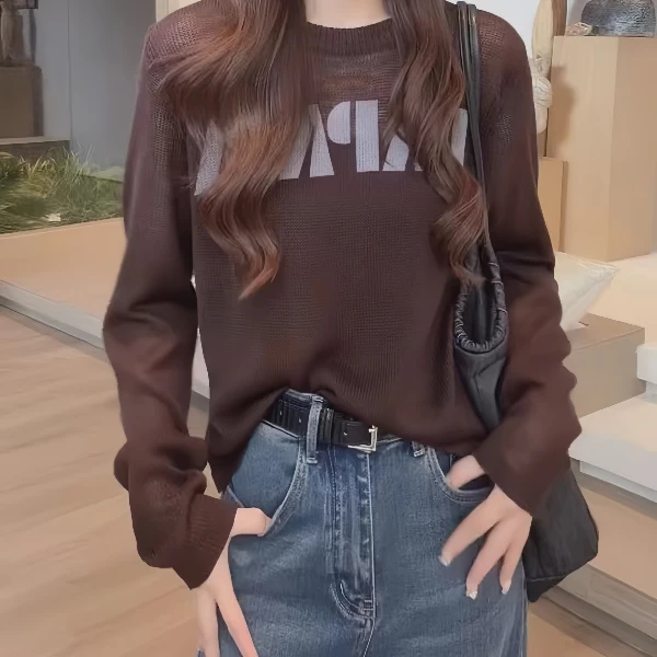 黑色字母印花长袖针织衫女早秋大码显瘦宽松设计感慵懒风胖MM上衣