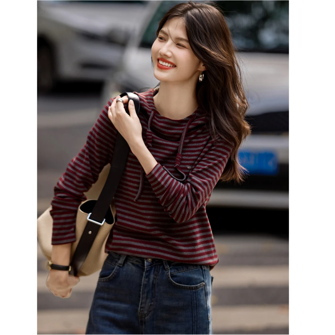 抽绳连帽撞色条纹内搭打底衫女T恤新款长袖小衫秋冬穿搭上衣卫衣