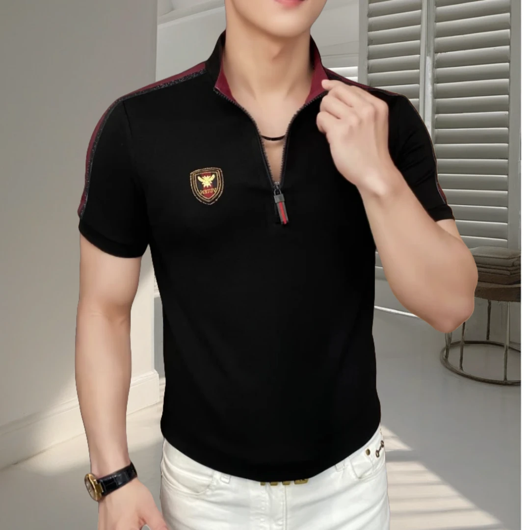 2025夏季红蜂之恋男士轻奢时尚半袖休闲潮流修身立领百搭高品质