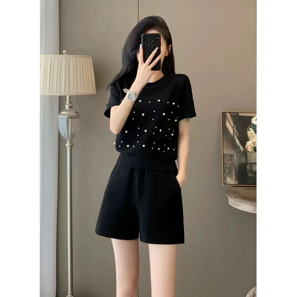 【嘉嘉专属】重工钉珠时尚运动套装女夏新款短袖上衣短裤休闲两件套