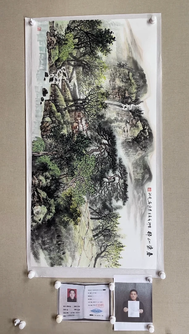国画138*68 谭聚强-中美红袍带合影带视频