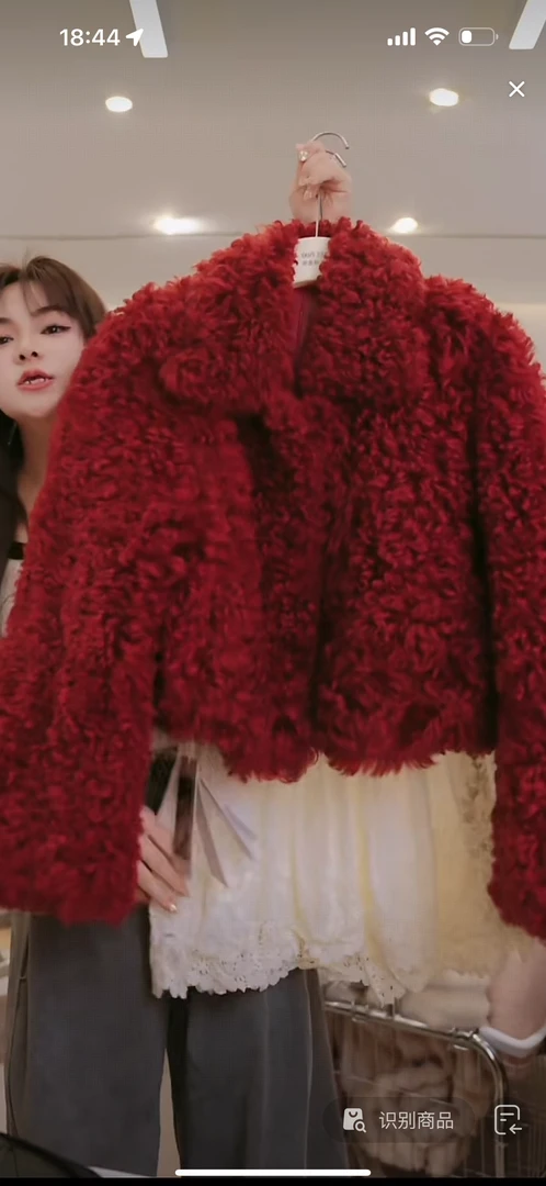 丨秋冬新款红色羊卷毛皮毛一体休闲时尚显瘦洋气短款外套 5948