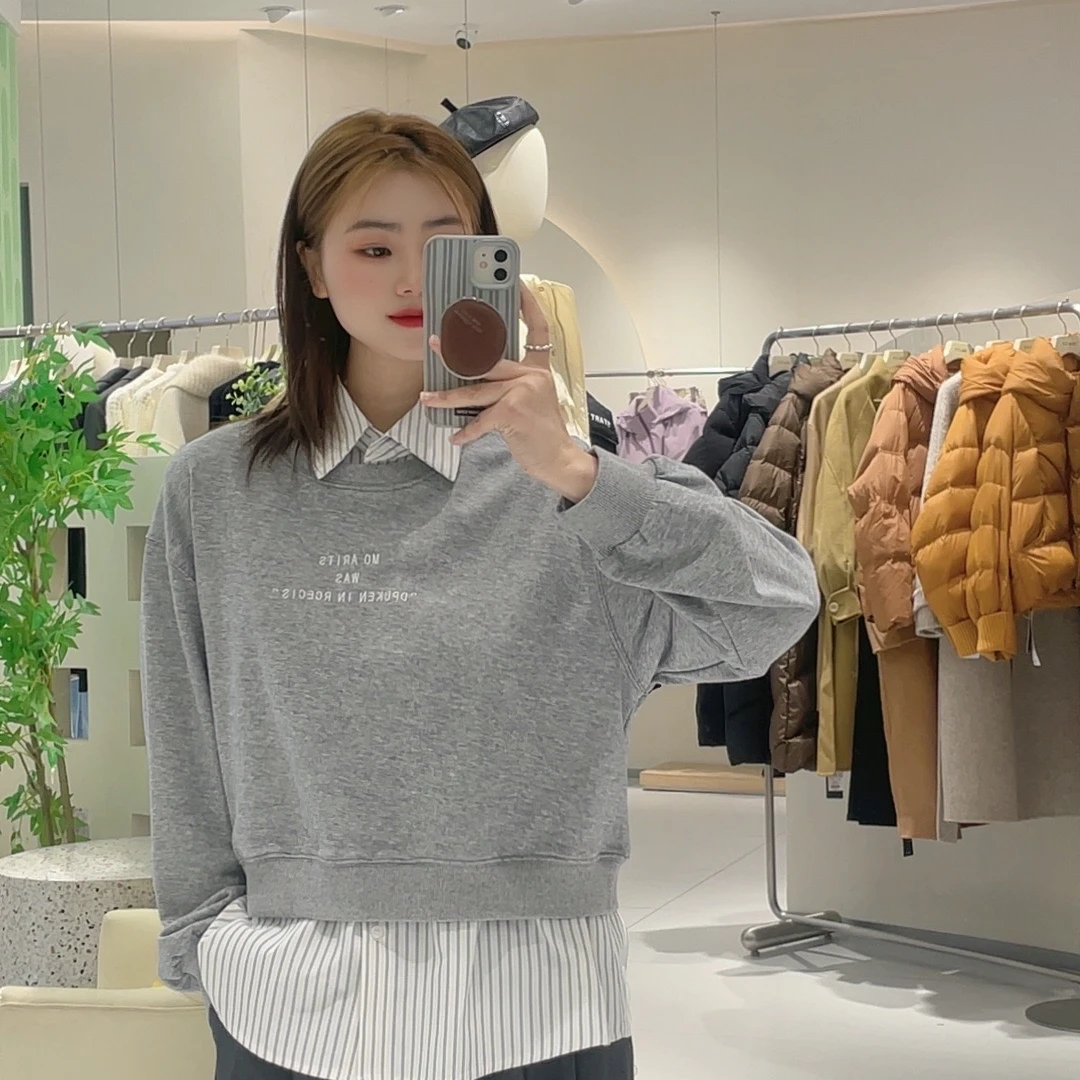 艾然  韩系减龄Polo领拼接卫衣衬衫女春秋季新款宽松百搭真两件