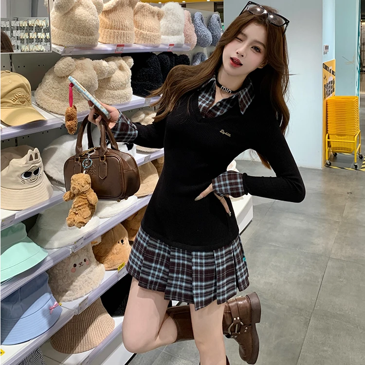 大码女装学院风修身显瘦针织长袖连衣裙胖MM2025新款百褶短裙子女