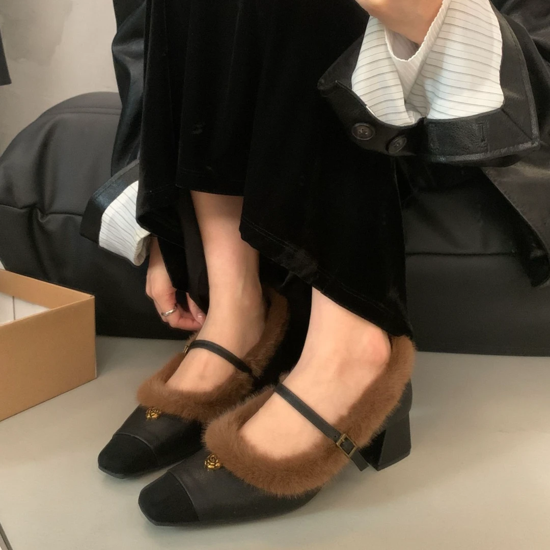 【T3】法式低跟加绒毛毛鞋玛丽珍单鞋女鞋子新款秋冬季保暖棉鞋