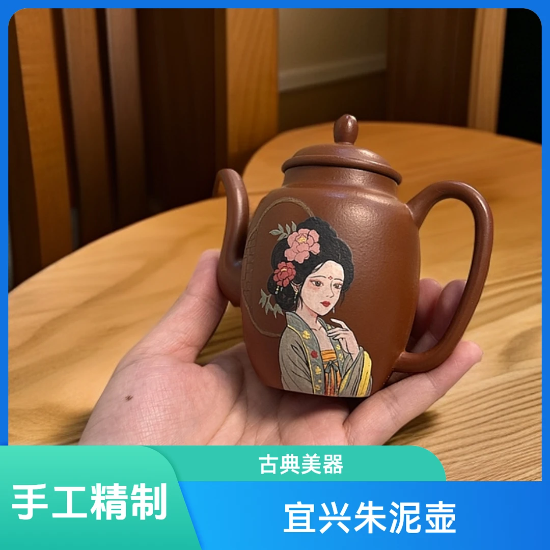宜兴原矿朱泥紫砂壶纯手工泥绘美人图宫灯180cc中式古典茶具