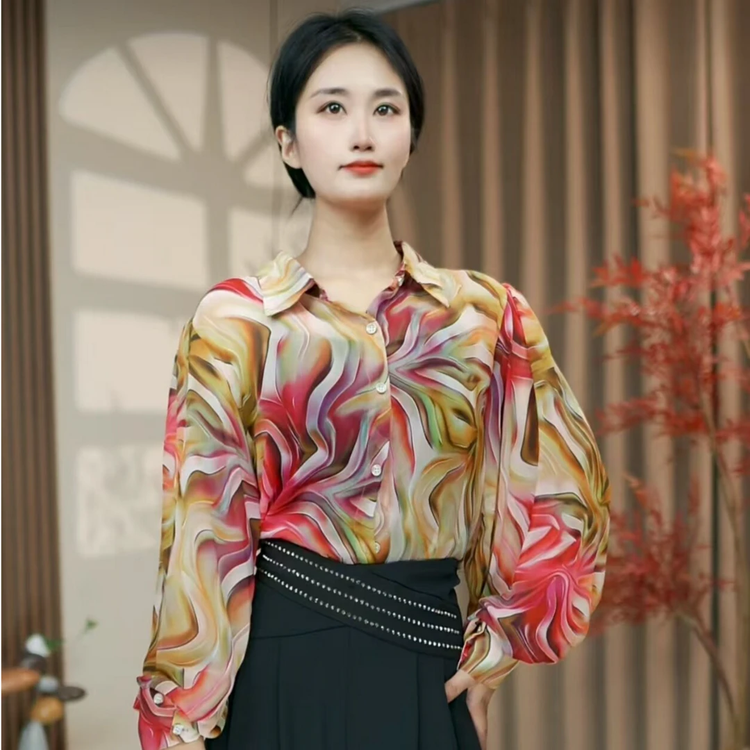 法式优雅时尚印花翻领灯笼袖衬衫女2025年夏新款轻薄飘逸防晒衬衫