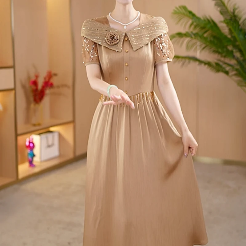 2025夏季新款气质显瘦收腰连衣裙中长款小个子大码洋气减龄a字裙