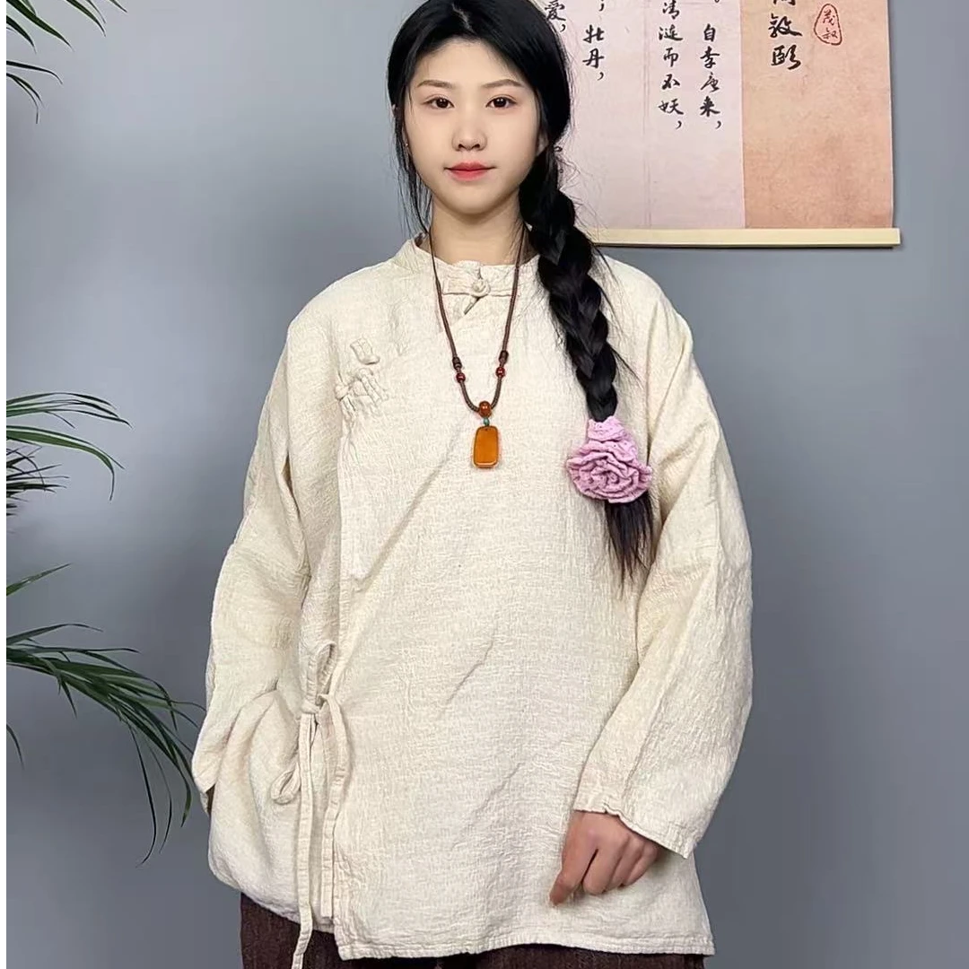 【赢麻原创】新款亚麻斜襟盘扣系绳上衣