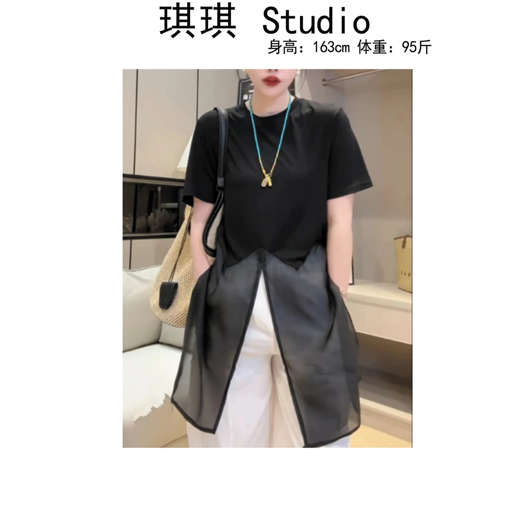 《琪琪家》夏季新款重工设计感黑色经典下摆拼色开叉短袖上衣-G
