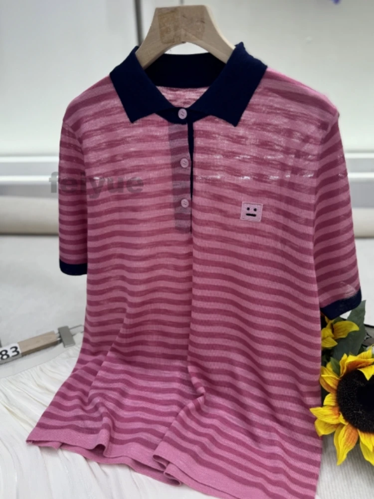 条纹印花休闲宽松型潮流上衣时尚夏季短袖翻领polo领针织衫