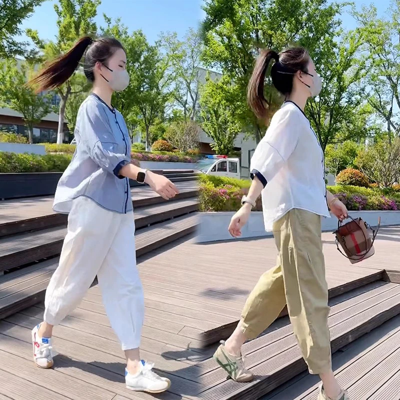 夏装搭配一整套女韩版气质宽松衬衫上衣洋气休闲九分哈伦裤两件套