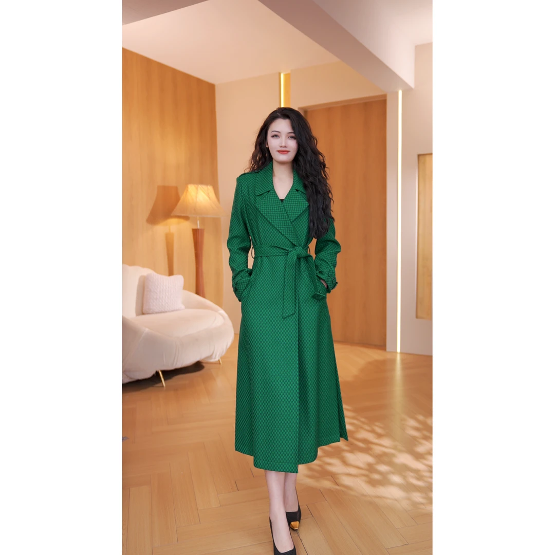 六丑【线下高定大衣】高级感时尚显瘦绿格子系带翻领大衣12GD0043