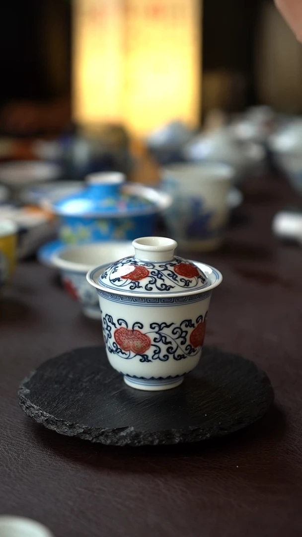 景德镇全手工手绘青花釉里红灵芝二才盖碗（高）