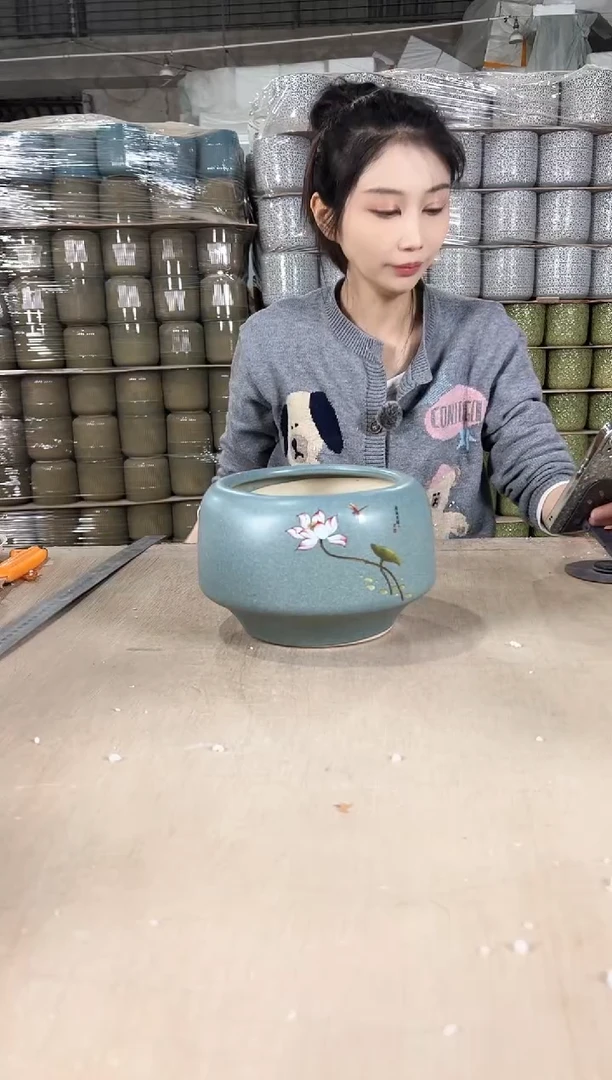 【闪购商品】陶瓷圆口深绿荷花大号18x14