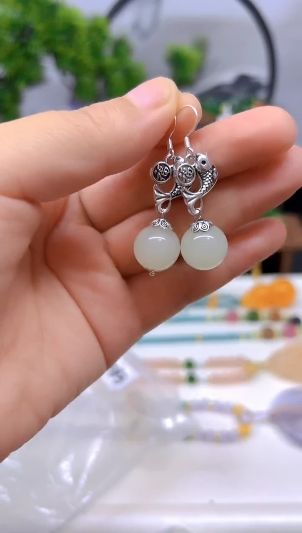 和田玉（白玉）银S925镶嵌耳饰E783