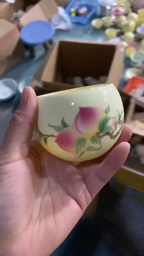 摆件陶黄嘻嘻寿桃描金禅定杯 大