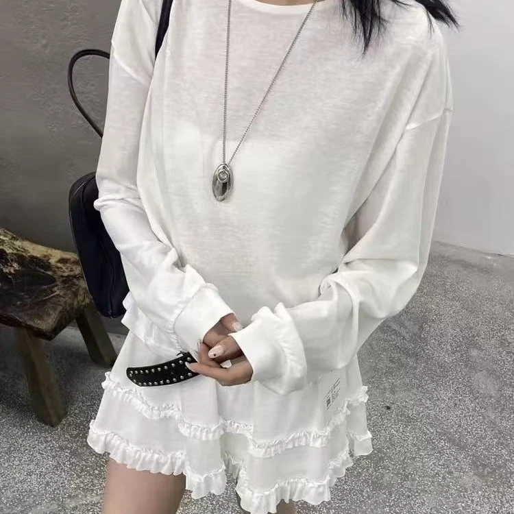 D6859欧货25夏季时尚慵懒风后背镂空长袖T恤+木耳边短裙两件套