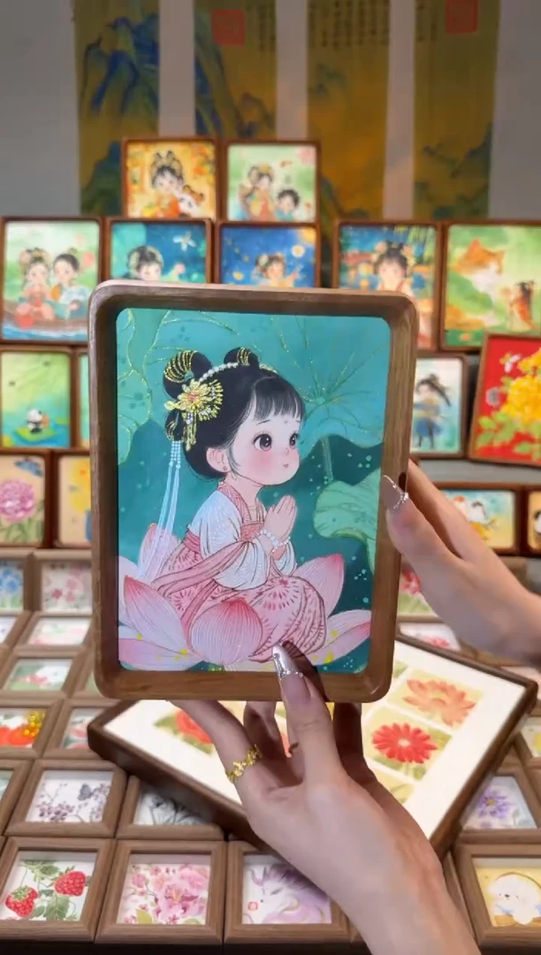 国画荷花女孩 手绘国画7寸