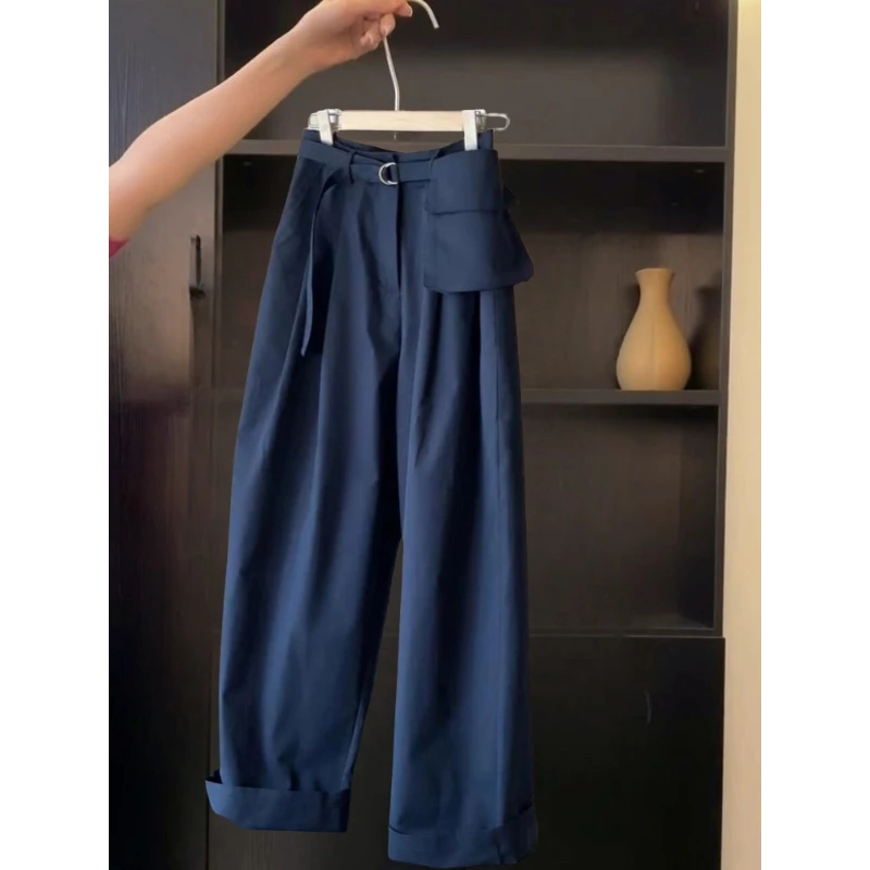 掌柜自留推荐，深蓝色松弛慵懒感宽松工装裤简约百搭别致休闲裤女