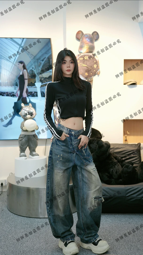 「狮狮专属」斜口袋-冬季爆款独特别致口袋设计破洞弯刀堆堆牛仔裤