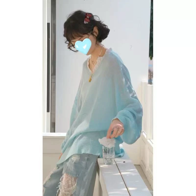 韩系新款春季小清新纯欲风浪漫约会马海蕾丝宽松法式奶系套头毛衣