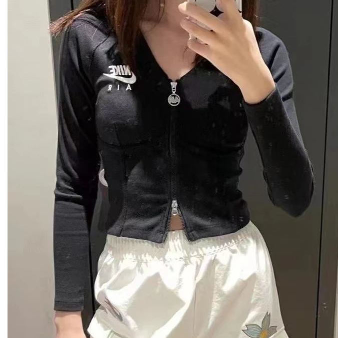 巨显瘦上衣NIKE耐克正品女子V领高腰紧身运动休闲透气拉链长袖T恤