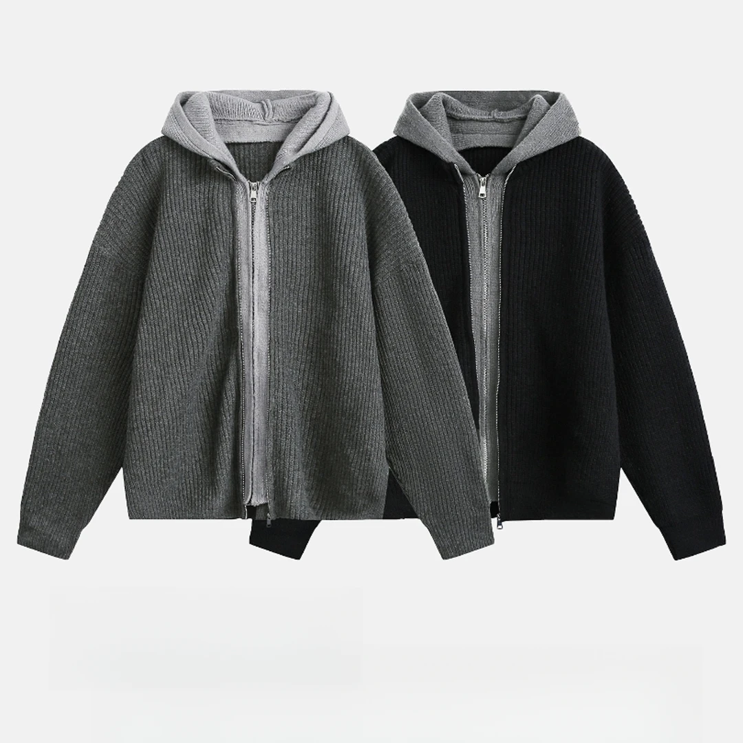 欧洲站情侣新款连帽撞色拼接针织开衫男士拉链毛线衣外套卫衣帽衫