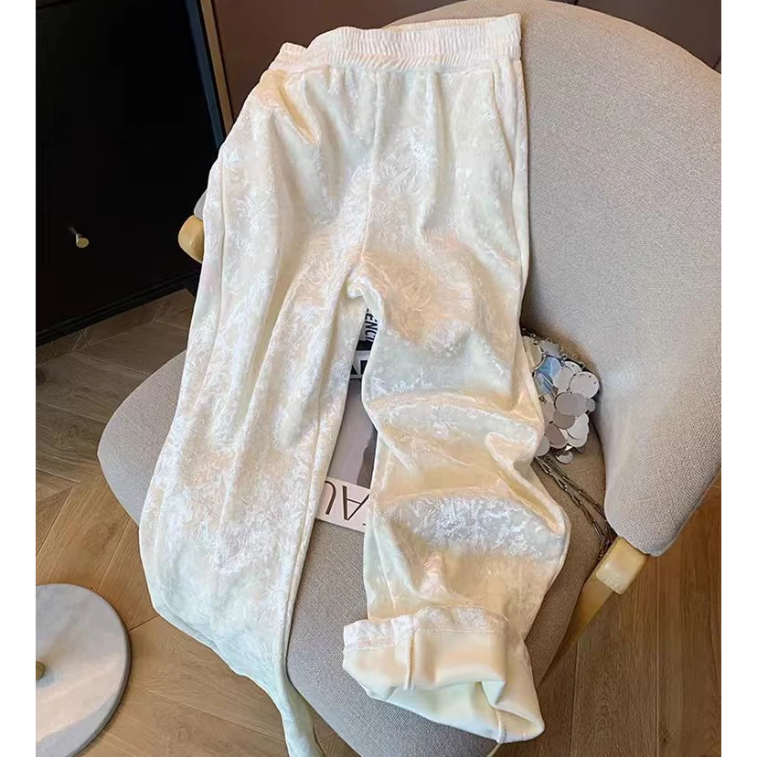 新春款南韩丝金丝绒提花阔腿裤高腰慵懒风休闲裤法式长款设计感