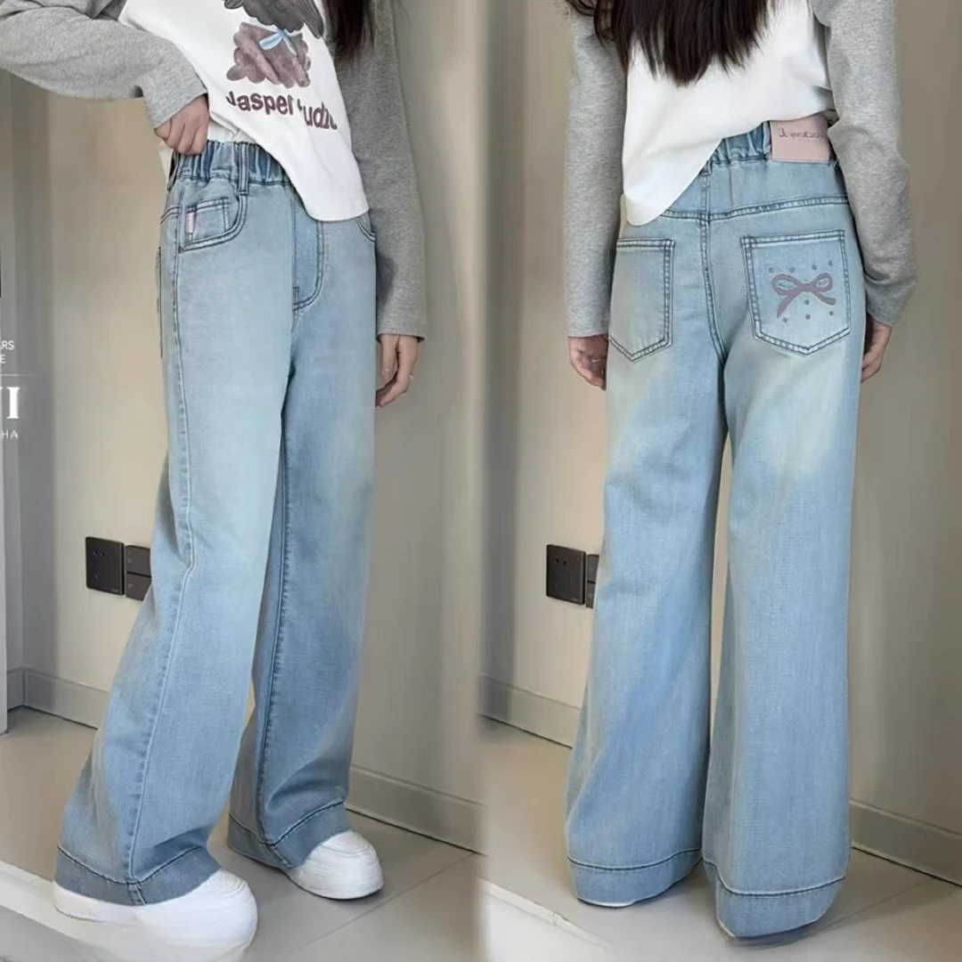 2025夏季新款女童牛仔裤薄款简约百搭中大童时尚蝴蝶结刺绣阔腿裤
