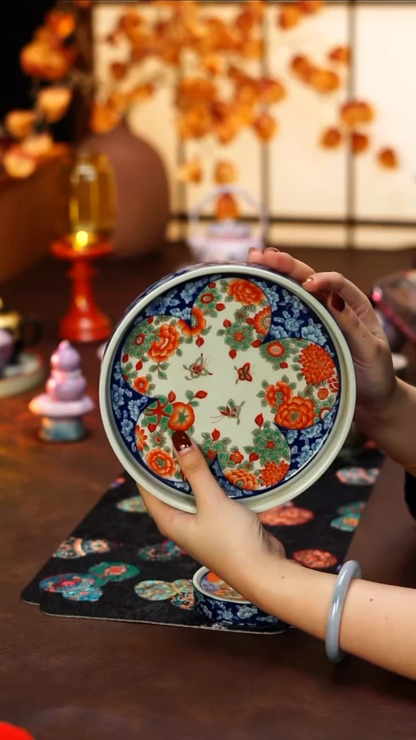 陶栖堂繁花红绿彩壶承