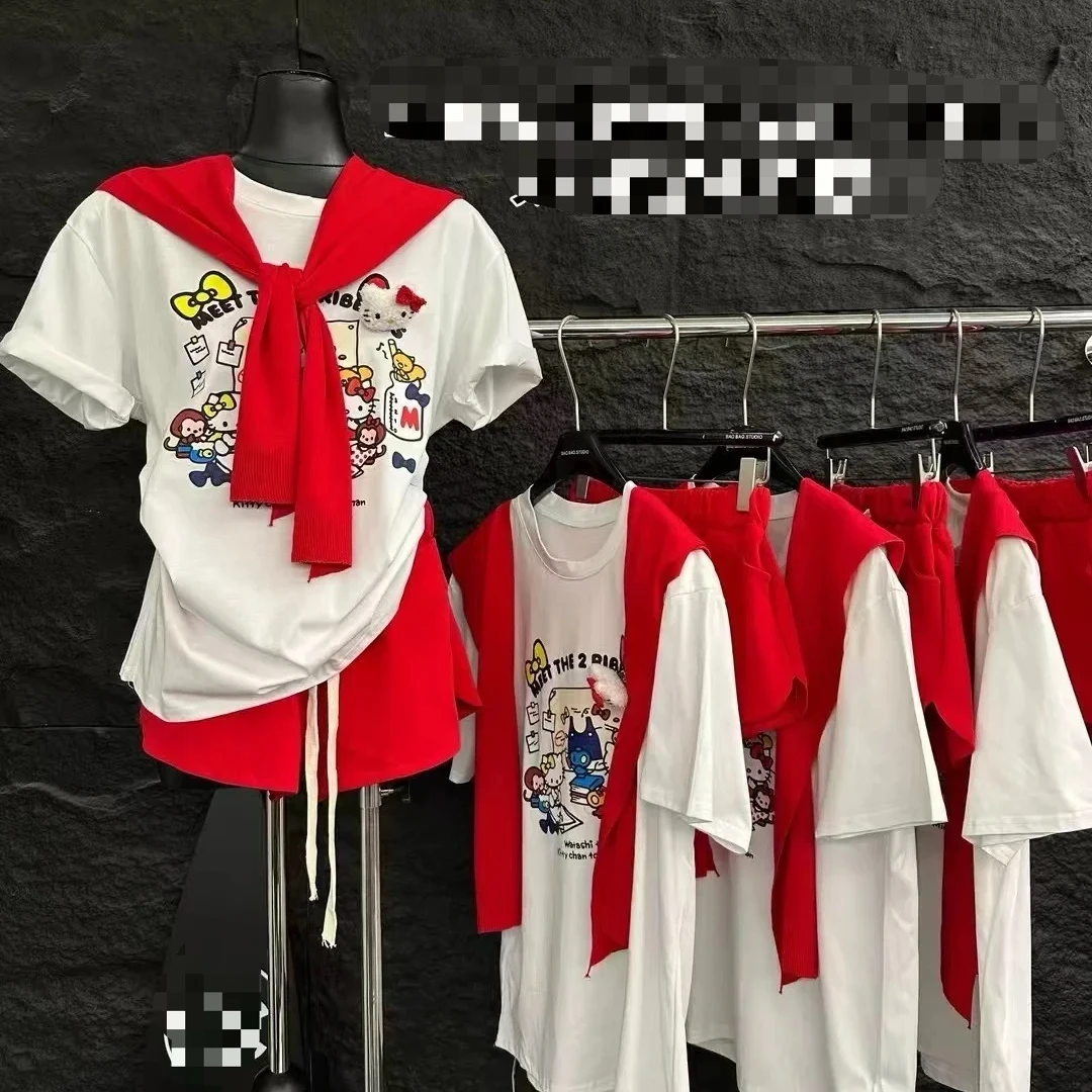 常规印花吸汗短袖字母休闲风T恤红色连帽红色短裤套装甜辣千金风