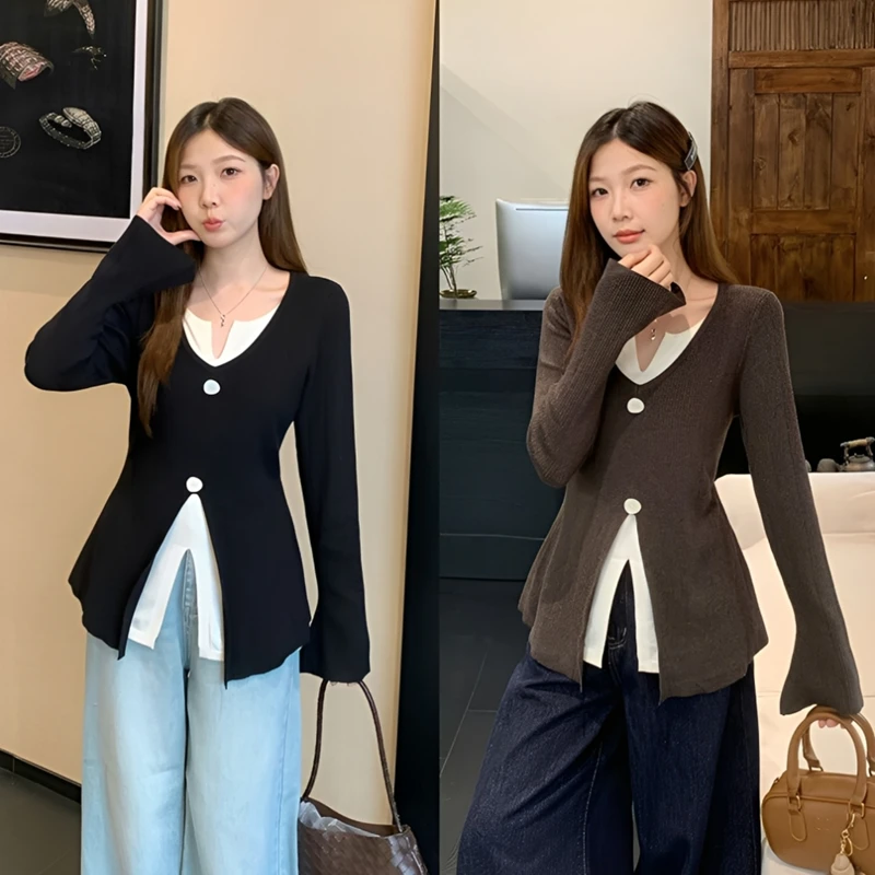 MZ085专享大码2025秋季长袖撞色V领假两件针织衫设计感修身上衣