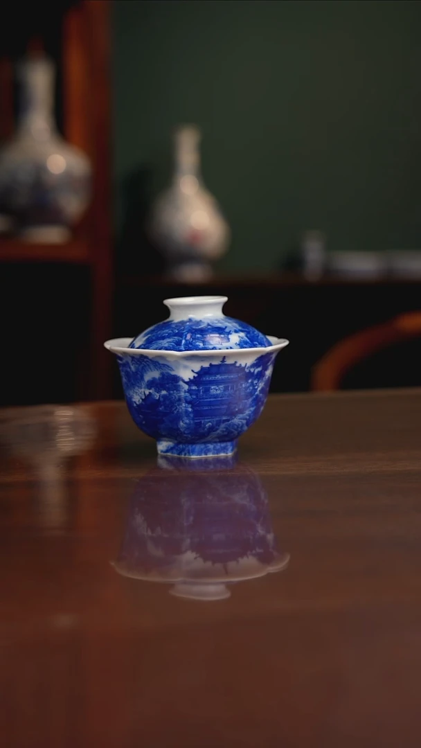 自成堂柴窑 六方楼阁盖碗