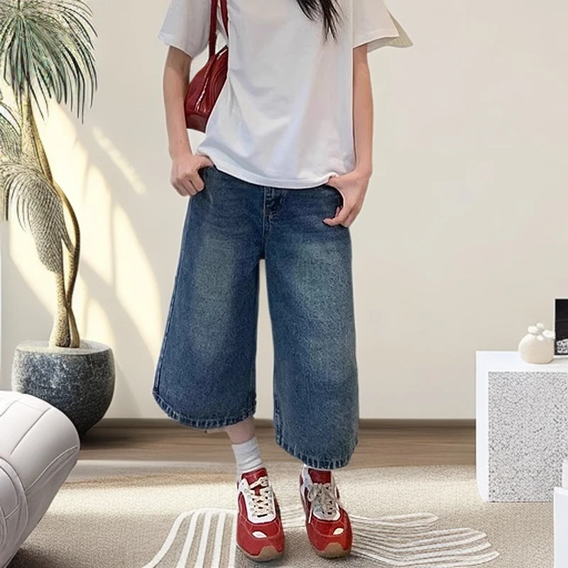 美式复古蓝水洗牛仔阔腿裤女夏季新款大码宽松休闲中裤直筒七分裤