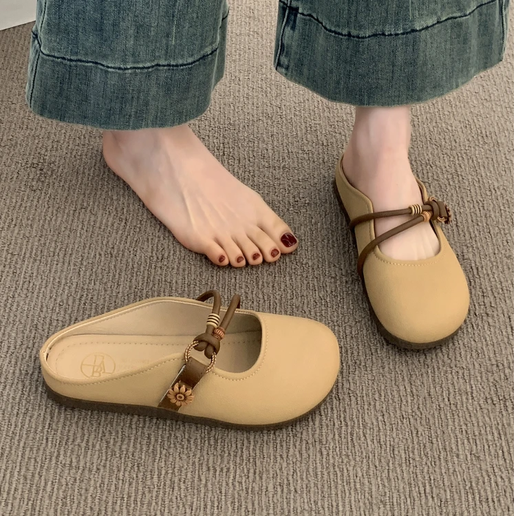 包头半拖鞋女夏季外穿2025新款超火平底一脚蹬懒人半托法式凉拖鞋