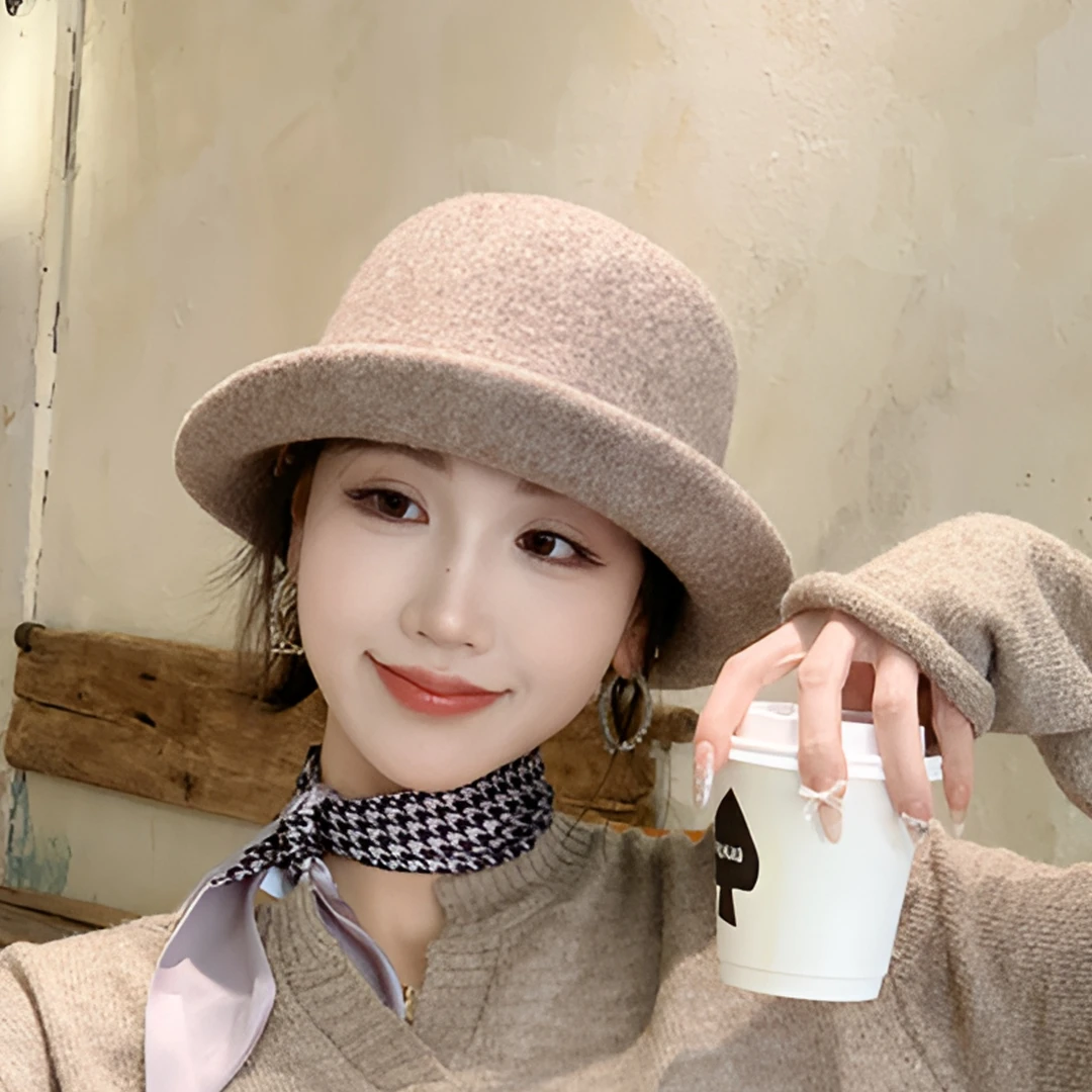 果果家 卷檐礼帽秋冬盆帽蝴蝶结冬季女渔夫帽帽子加厚毛绒保暖