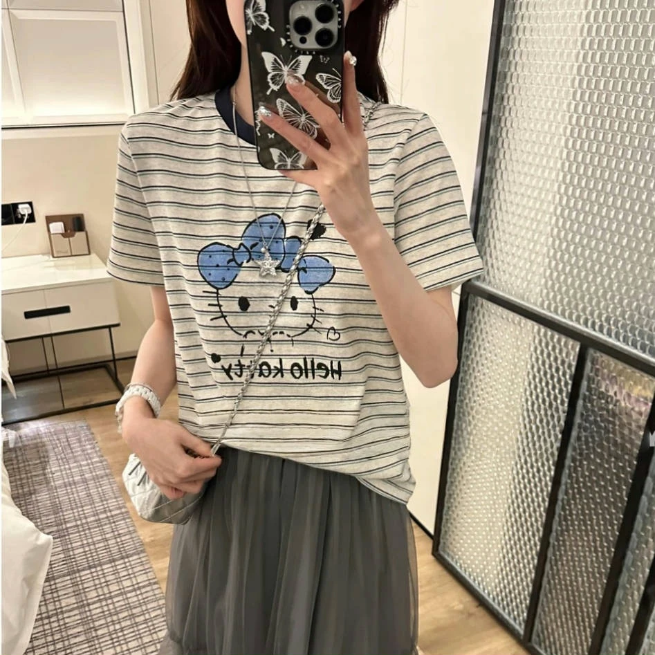 设计感撞色条纹卡通短袖T恤2025夏季新款重工时尚圆领减龄上衣