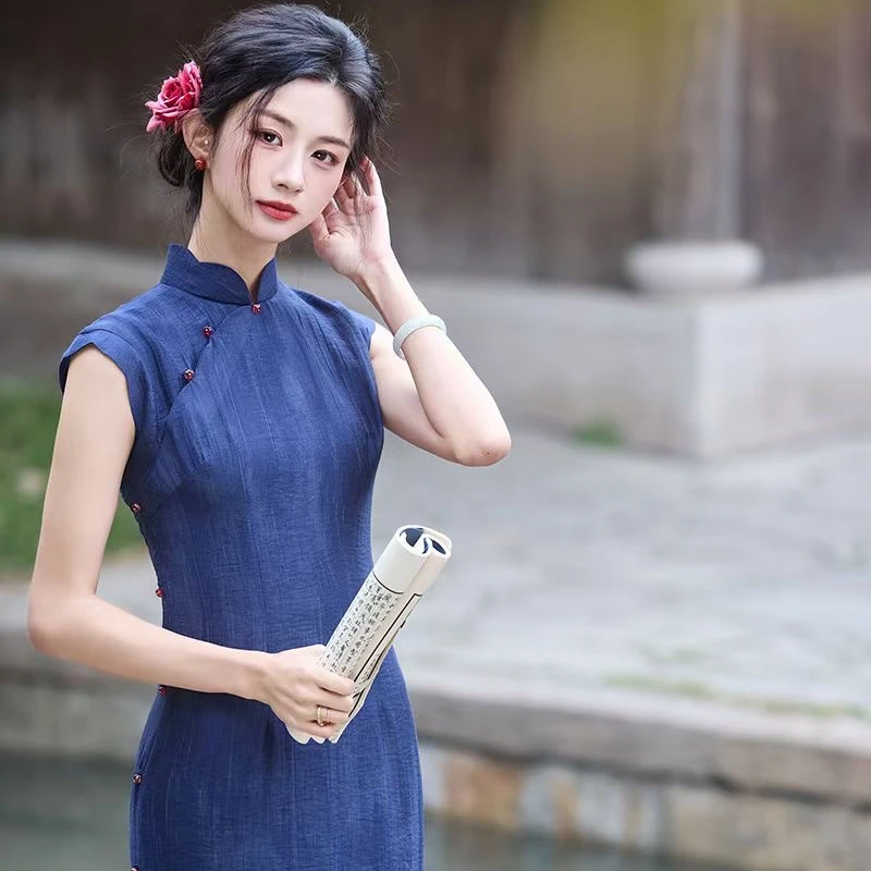 333 少女单旗袍气质复古旗袍复古透气旗袍中长款日常中式无袖